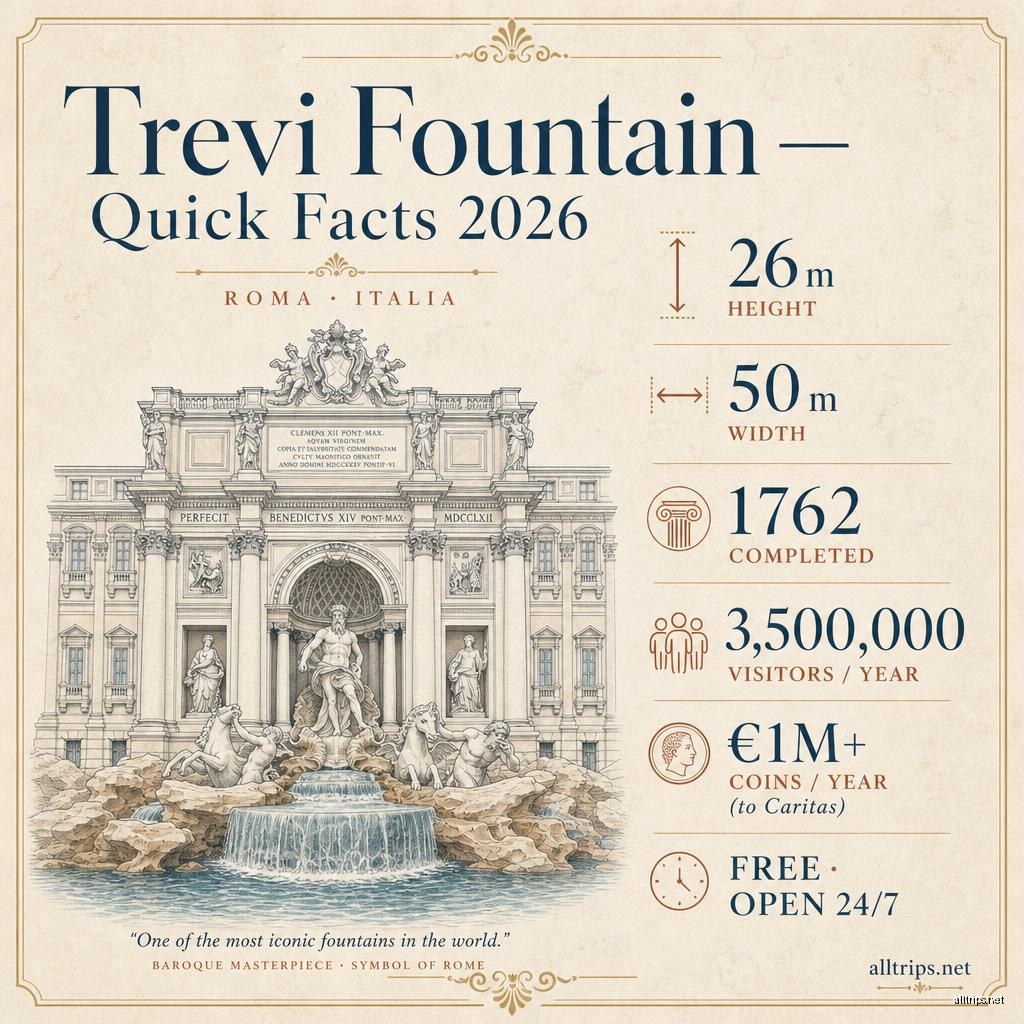 Trevi Fountain quick facts 2026 infographic — 26 m tall, 50 m wide, completed 1762, 3.5 million visitors/year, over €1M in coins donated to Caritas annually, free and open 24/7