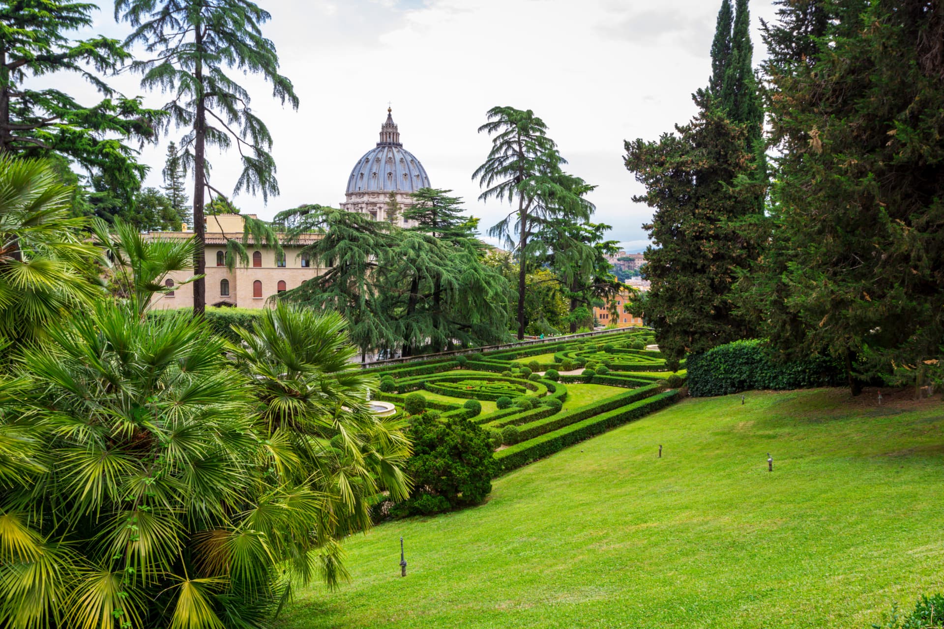 Formal hedges and trees framing the dome of St Peter's Basilica in the Vatican Gardens
