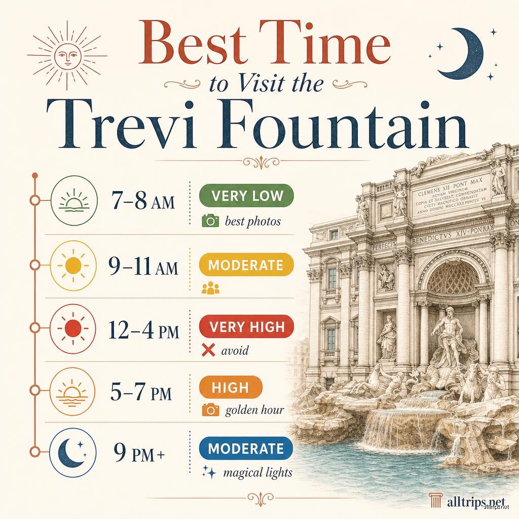 Best time to visit the Trevi Fountain — colour-coded timeline: 7–8 AM very low crowds (best photos), 9–11 AM moderate, 12–4 PM very high (avoid), 5–7 PM high (golden hour), 9 PM+ moderate (illuminated)