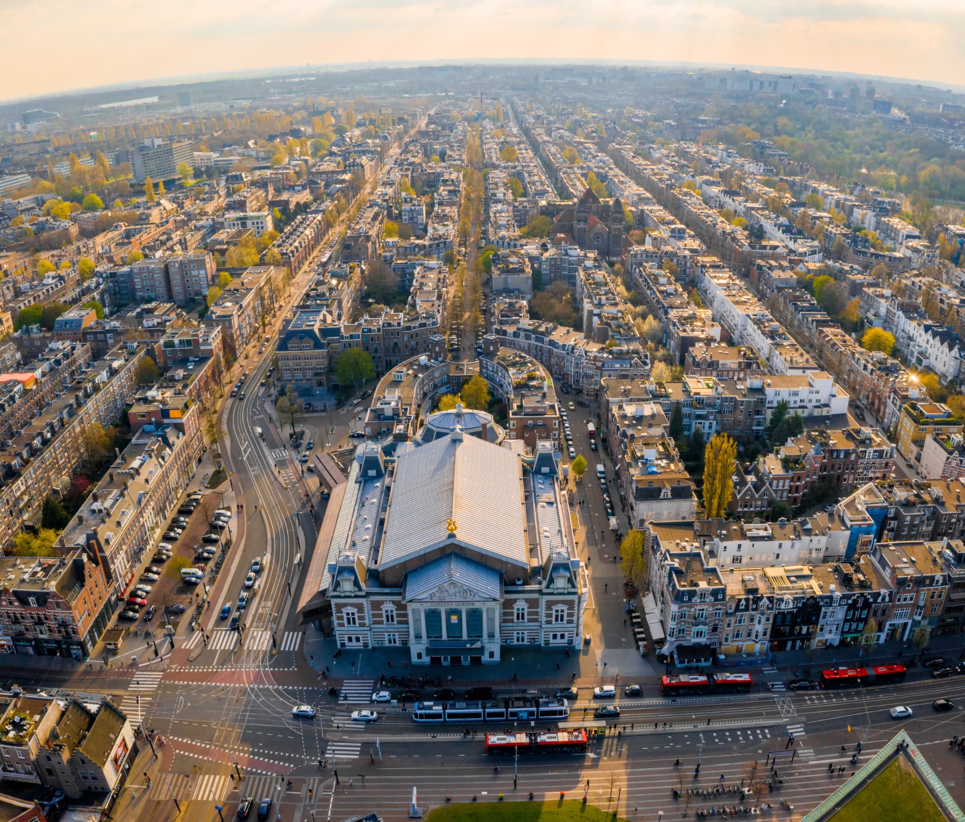 Aerial view of the Concertgebouw surrounded by the streets and canals of Amsterdam's museum quarter