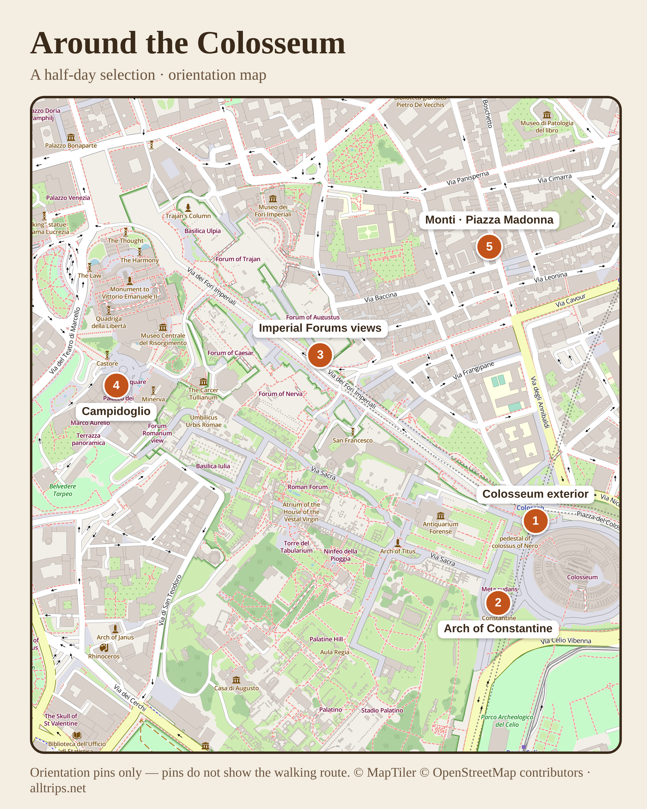 Orientation map of Colosseum exterior, Arch of Constantine, Imperial Forums views, Campidoglio and Monti