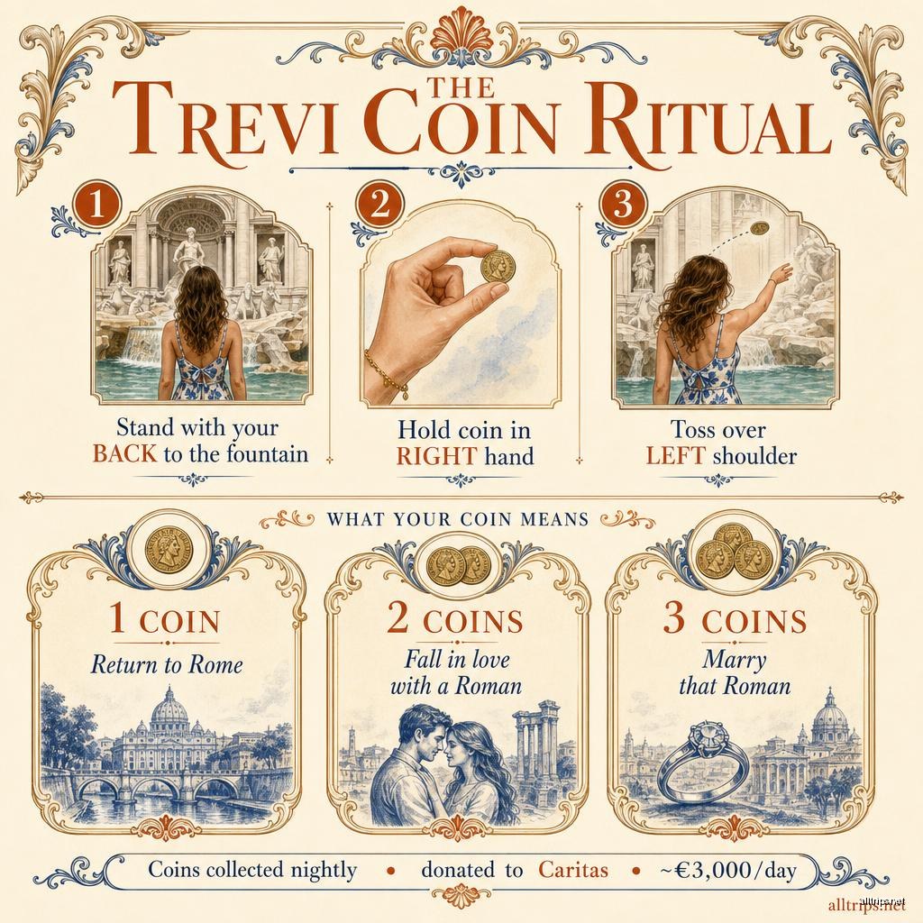 The Trevi coin ritual infographic — three steps: stand with your back to the fountain, hold the coin in your right hand, and toss it over your left shoulder. One coin to return to Rome, two coins to fall in love with a Roman, three coins to marry that Roman.