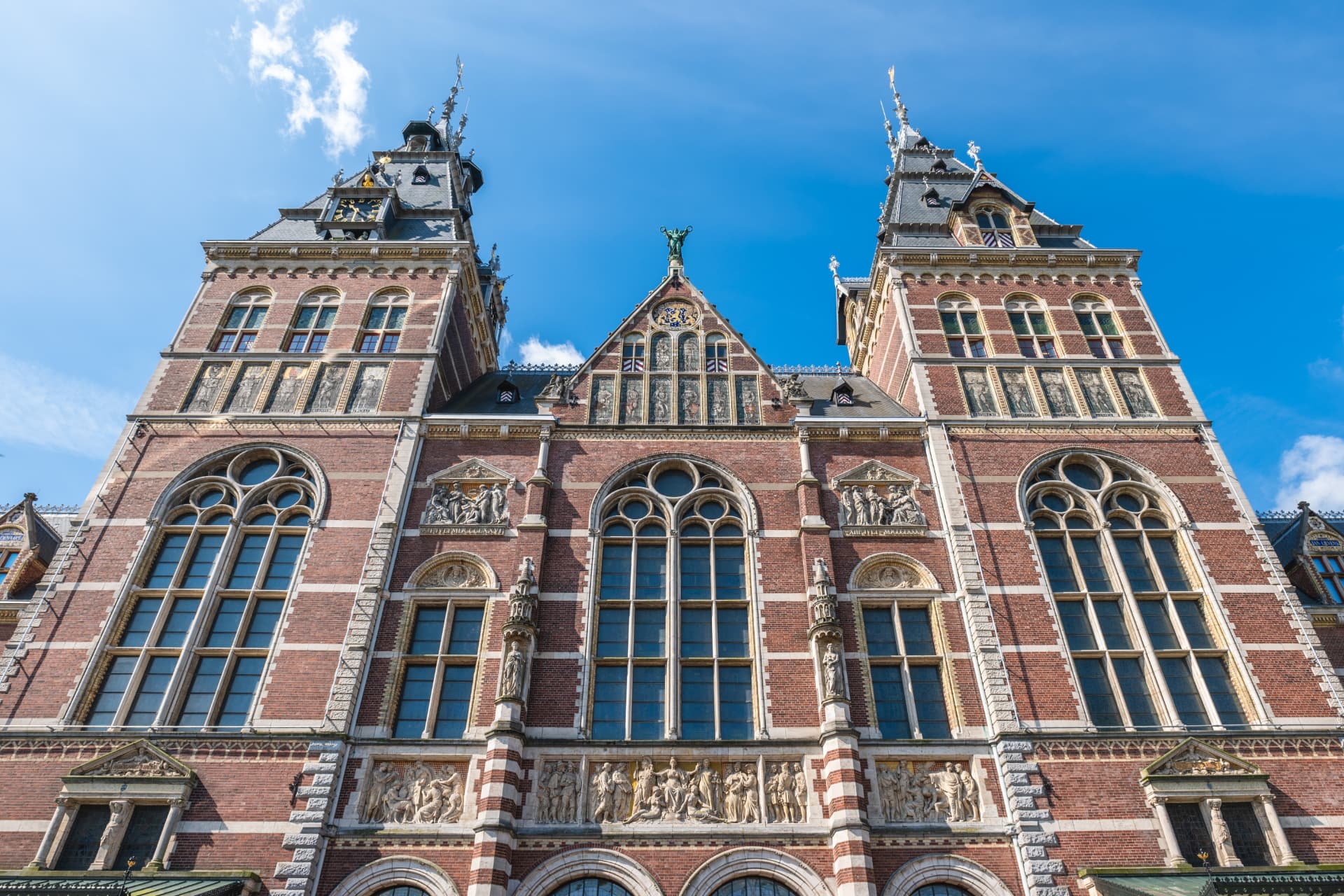 Ornate brick facade of the Rijksmuseum in Amsterdam