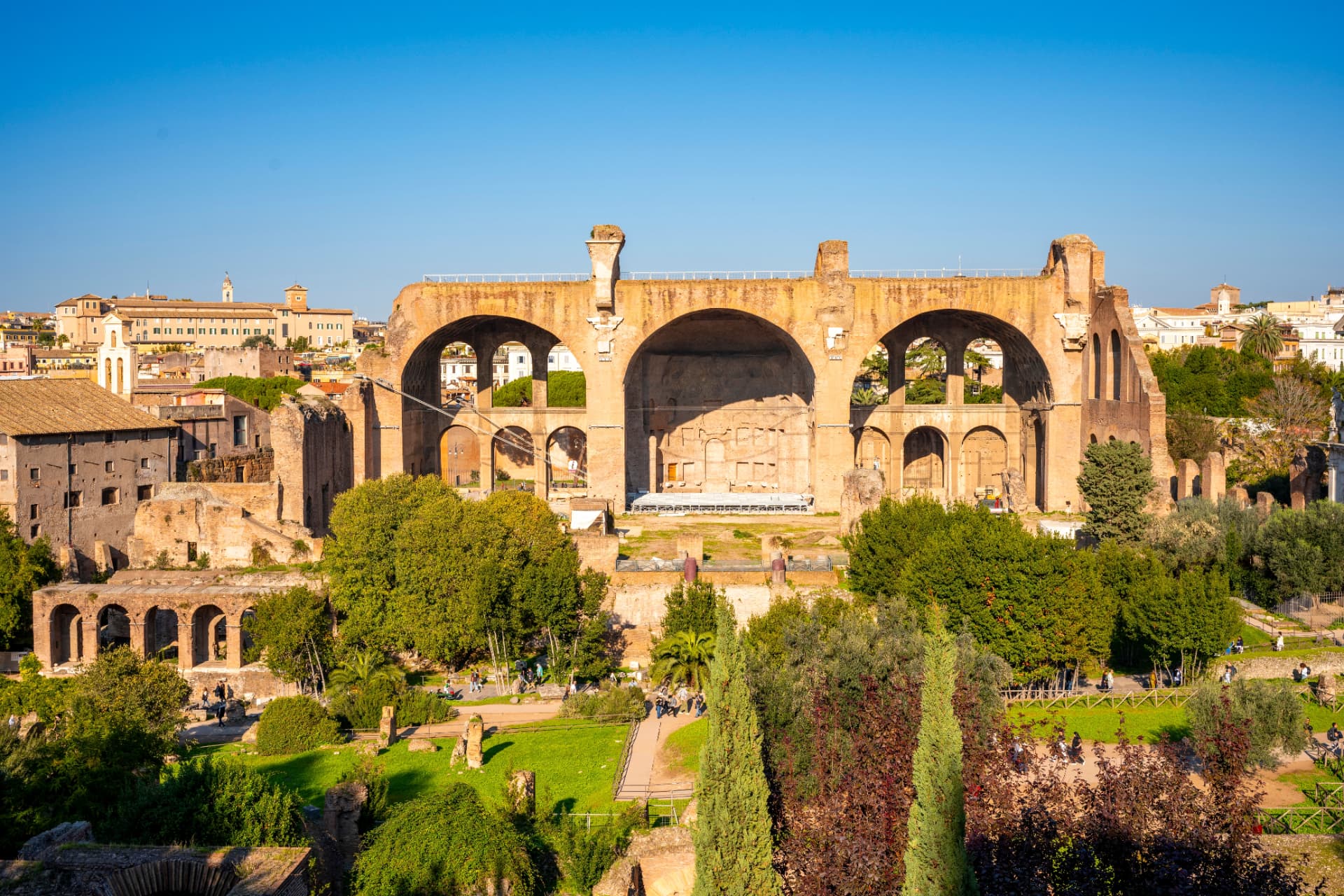 Three giant coffered vaults of the Basilica of Maxentius seen from Palatine Hill