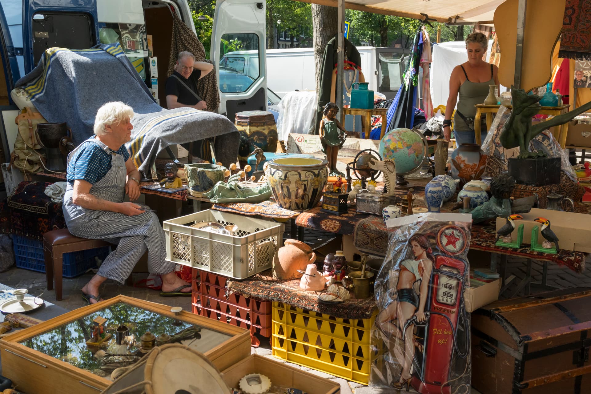 Vintage curiosities on a flea market stall in Amsterdam