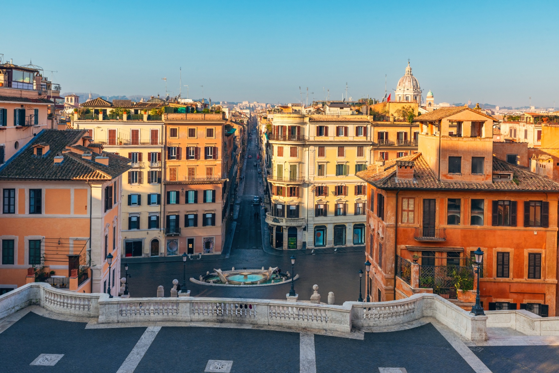 Aerial view of the Spanish Steps and Piazza di Spagna in Rome at golden hour