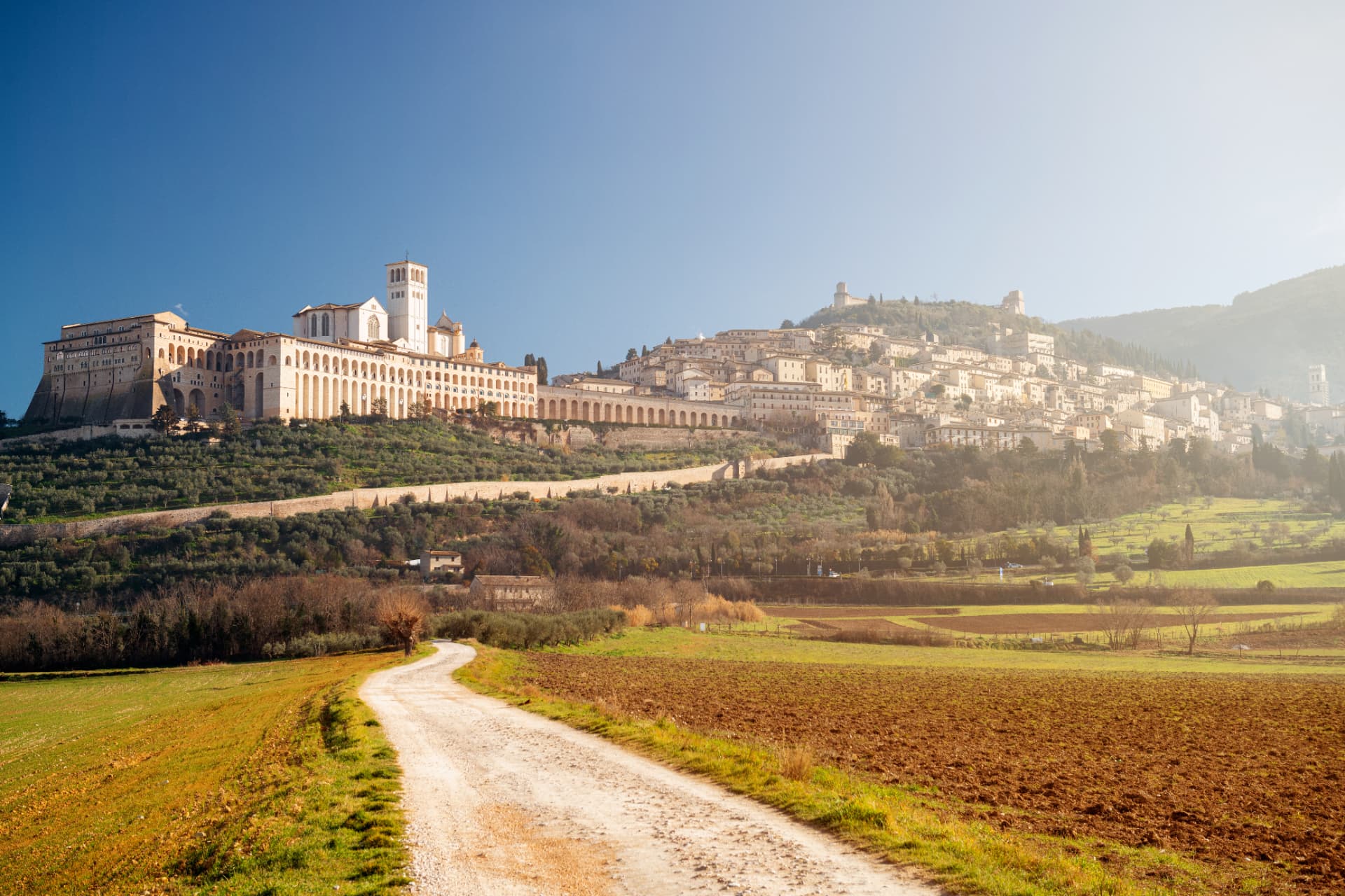 The Basilica of Saint Francis on the hillside at Assisi above the Umbrian valley