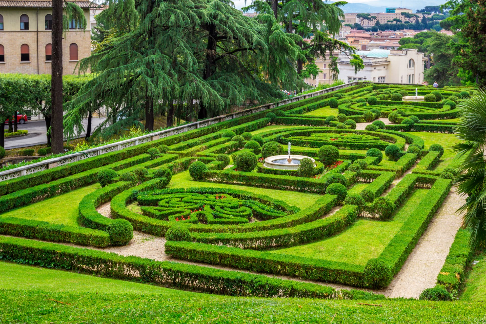 Geometric clipped hedges around a fountain in the Vatican Gardens