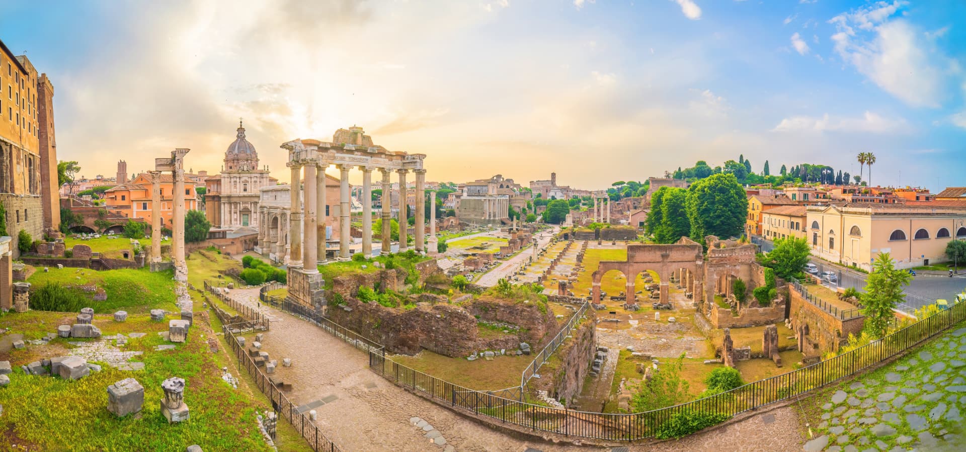 Panoramic view of the Roman Forum with the Temple of Saturn and Santi Luca e Martina