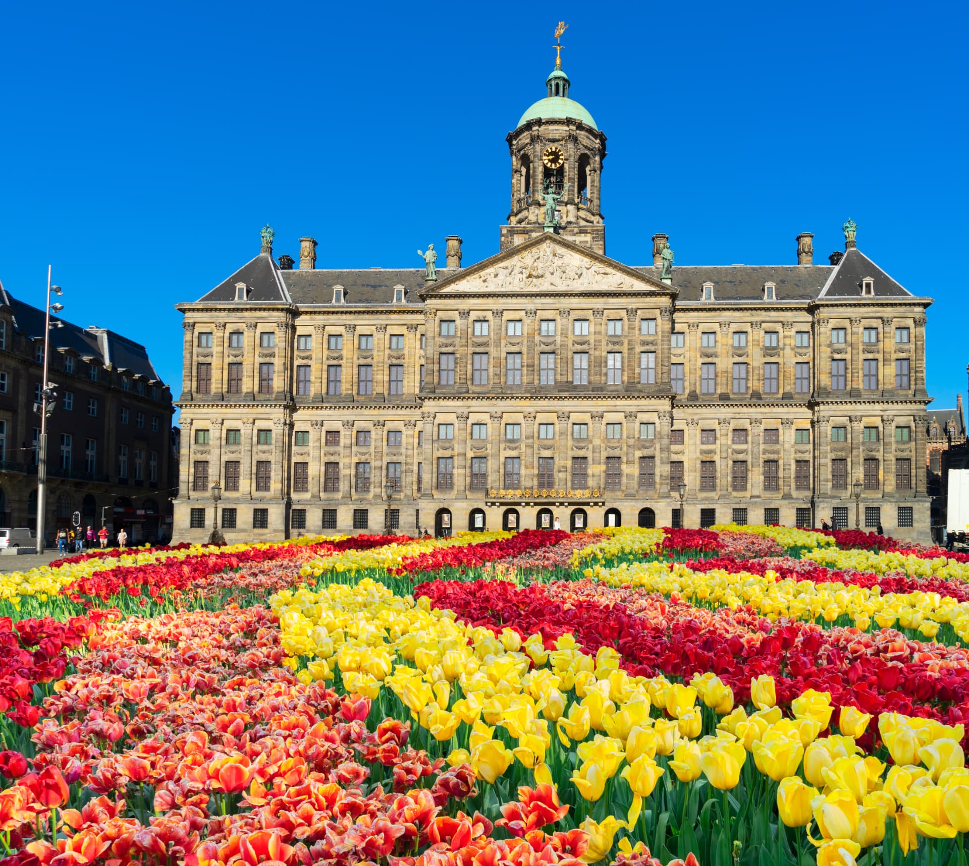 A sea of red and yellow tulips in front of the Royal Palace on Dam Square, Amsterdam