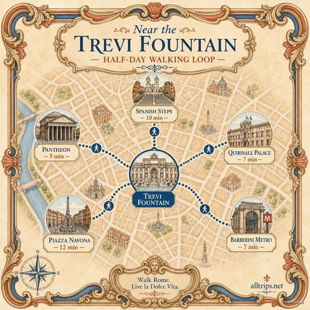 Map infographic of attractions near the Trevi Fountain in Rome with walking times: Pantheon 5 min, Quirinale Palace 7 min, Barberini Metro 7 min, Spanish Steps 10 min, Piazza Navona 12 min