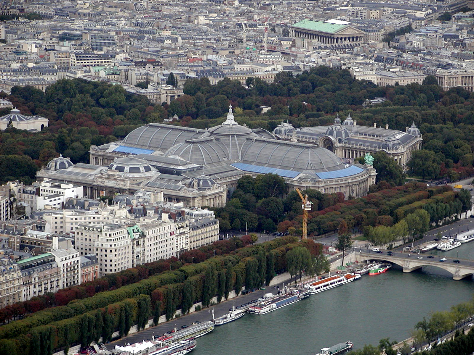 Aerial view of the Grand Palais glass roof near the Seine, a separate museum venue opposite Petit Palais