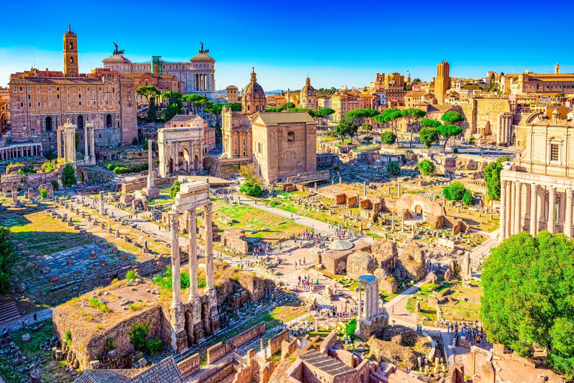 Roman Forum from above with the small round Temple of Vesta and three columns of the Temple of Castor and Pollux