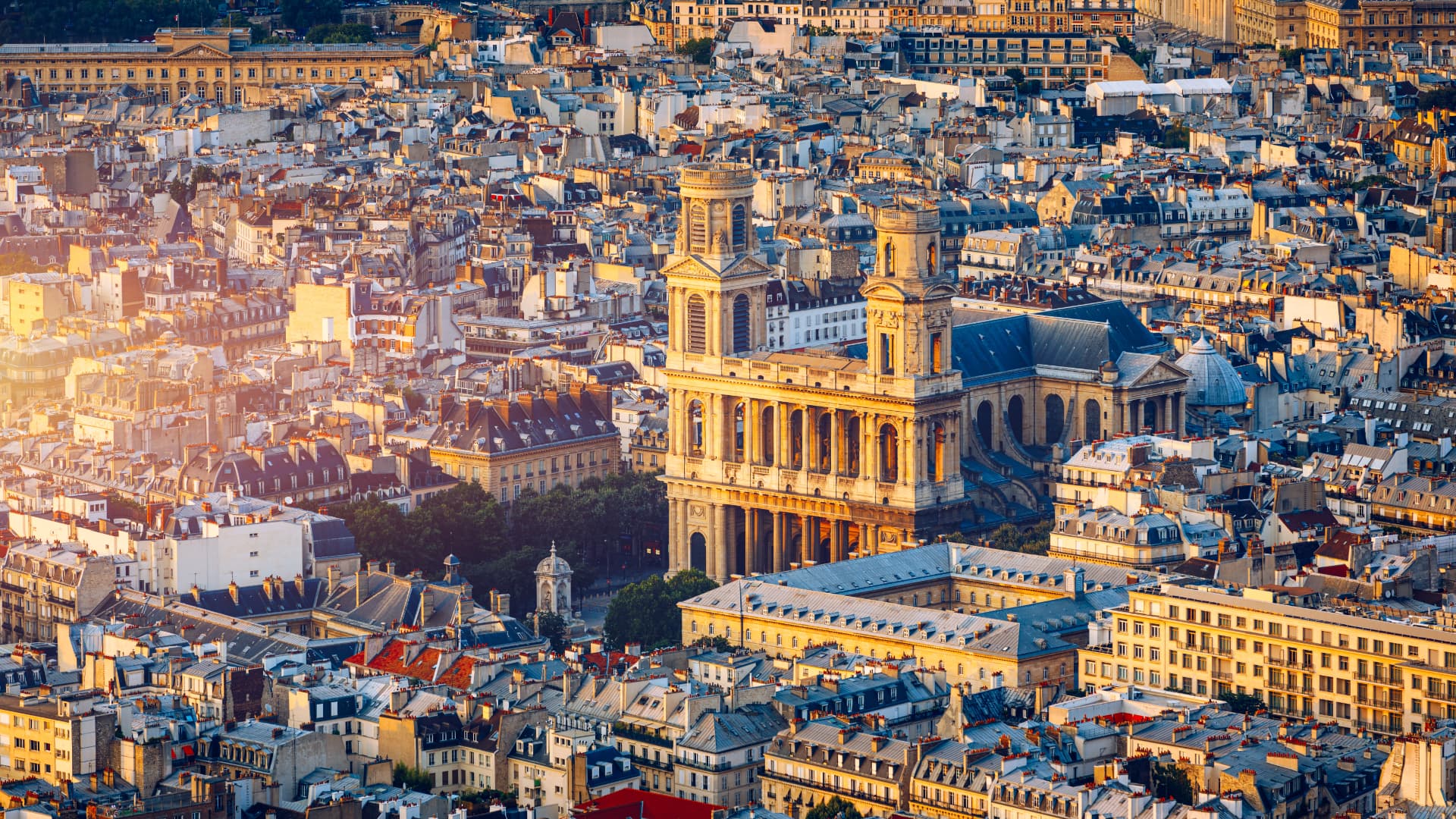 Aerial view of Saint-Sulpice church and the rooftops of Saint-Germain-des-Prés in Paris
