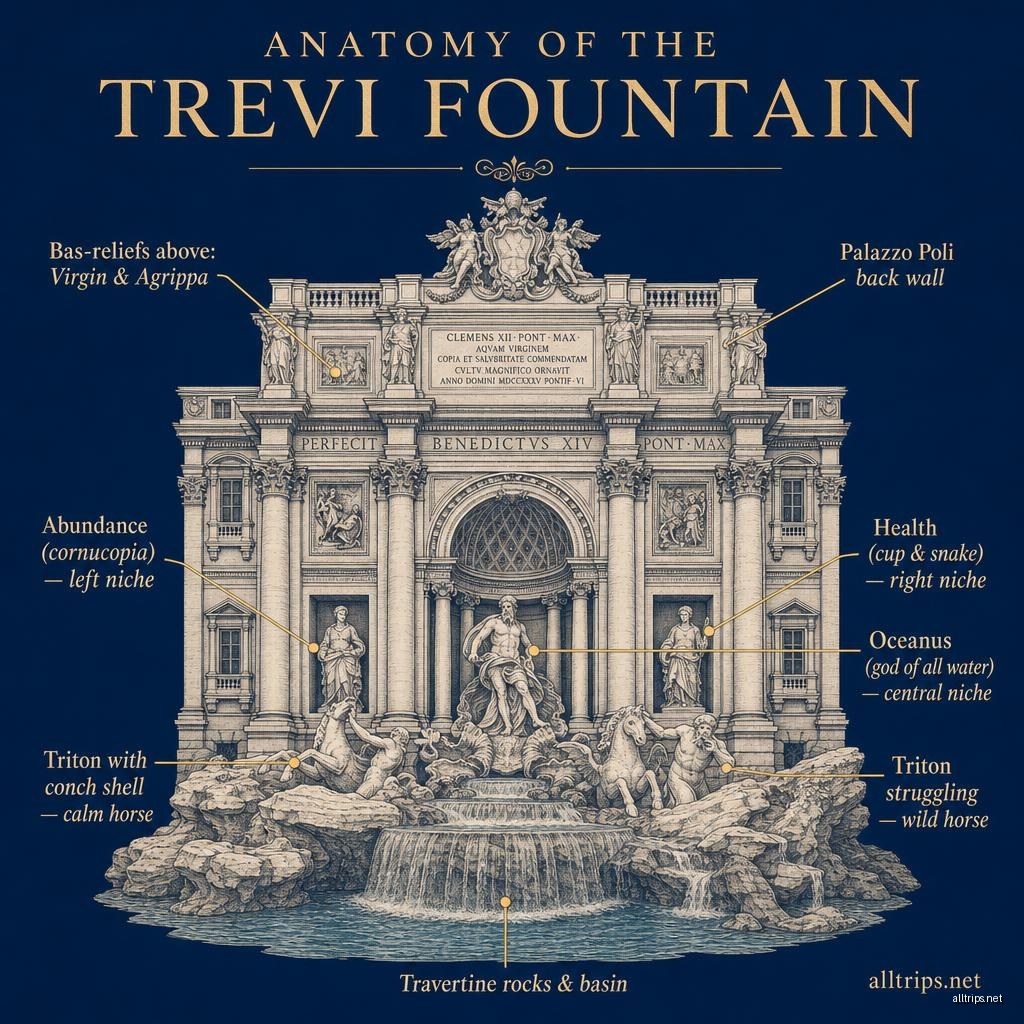 Anatomy of the Trevi Fountain — labelled diagram showing Oceanus in the central niche, two tritons with calm and wild horses, Abundance and Health in the side niches, bas-reliefs of the Virgin and Agrippa, and the Palazzo Poli back wall
