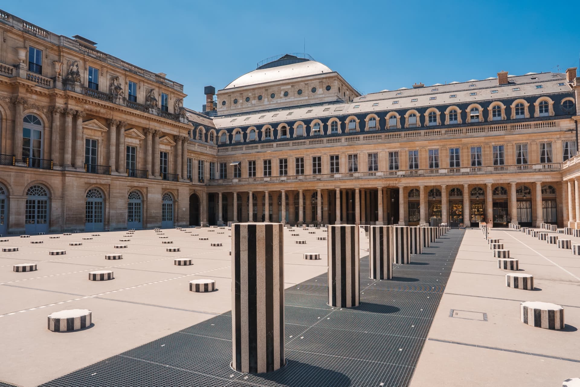 Buren's black-and-white striped columns in the Cour d'Honneur of the Palais Royal in Paris