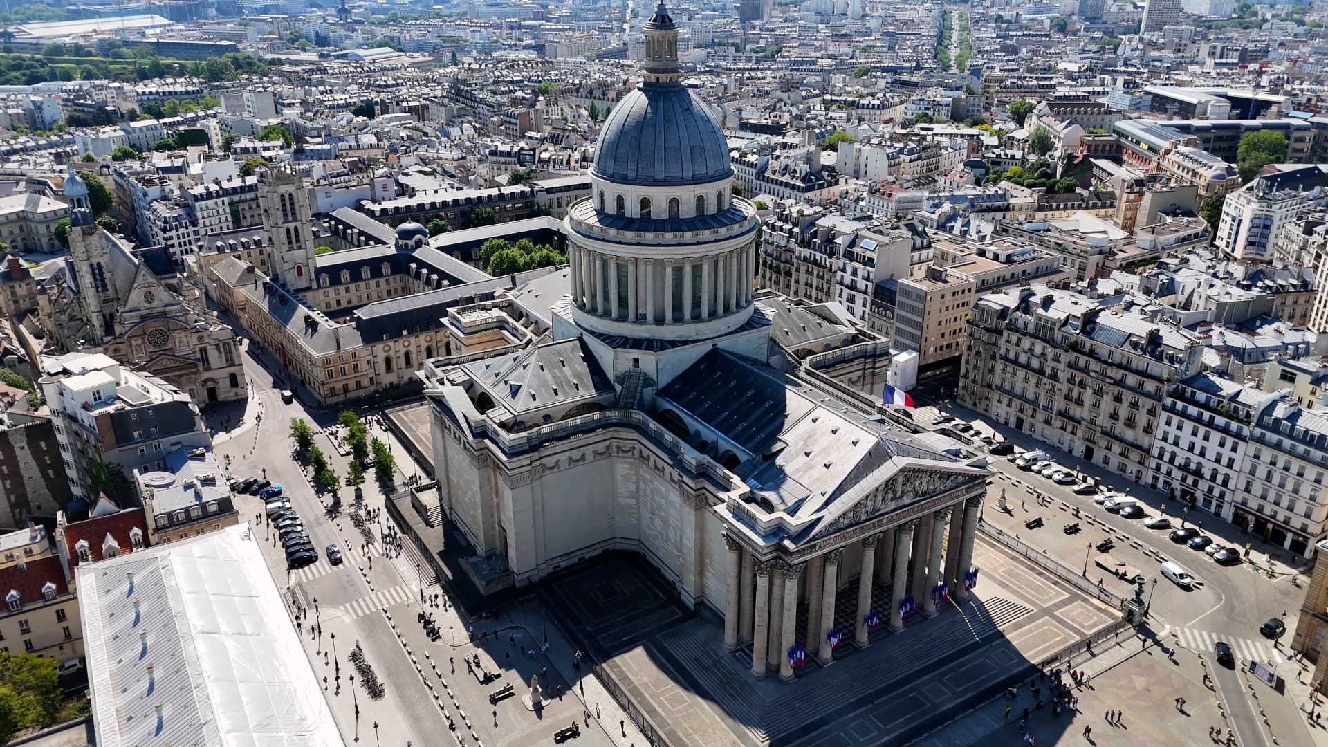 Aerial view of the Panthéon dome above the rooftops of the Latin Quarter in Paris