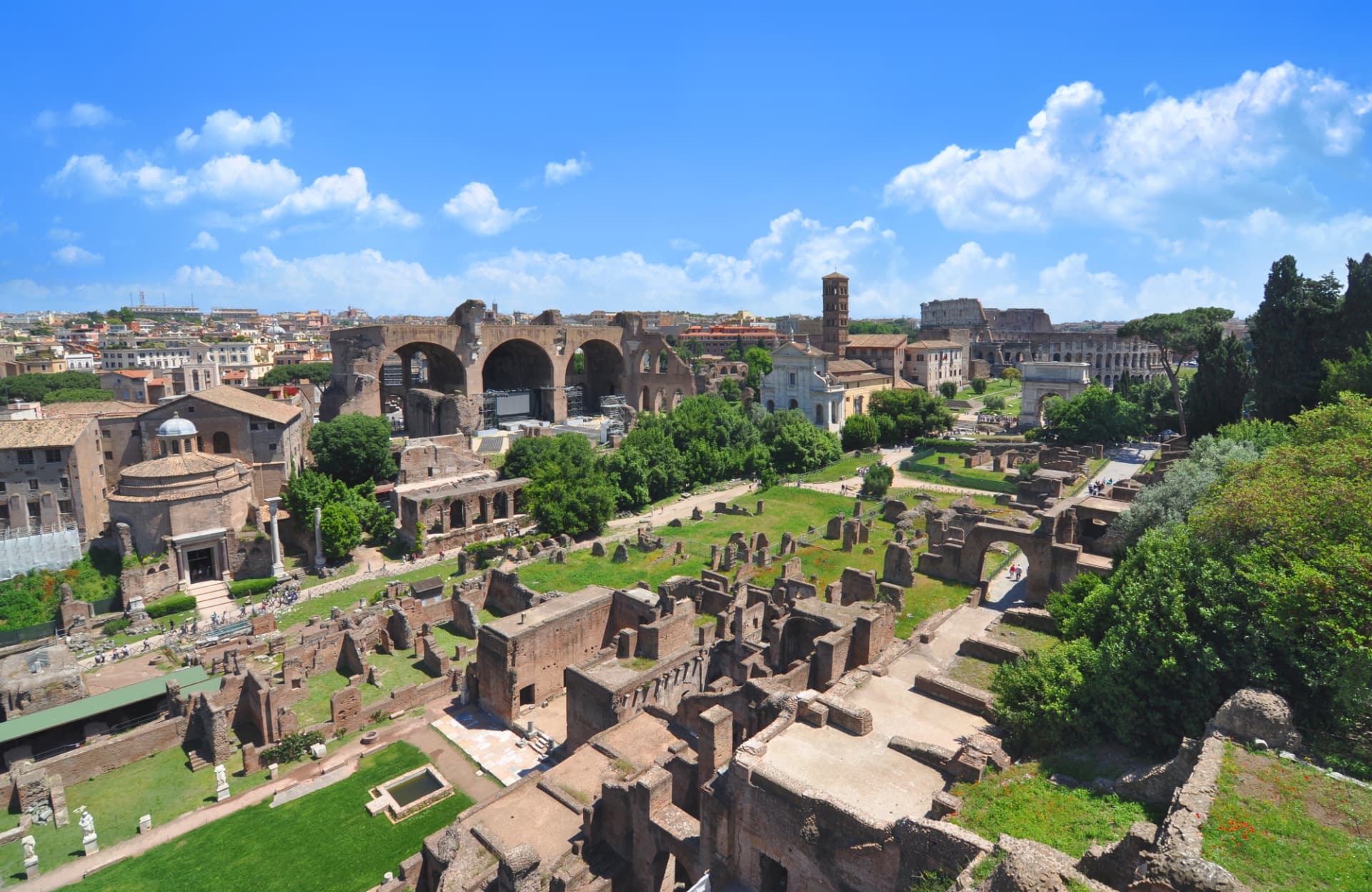 Roman Forum valley from Palatine Hill with the Basilica of Maxentius arches