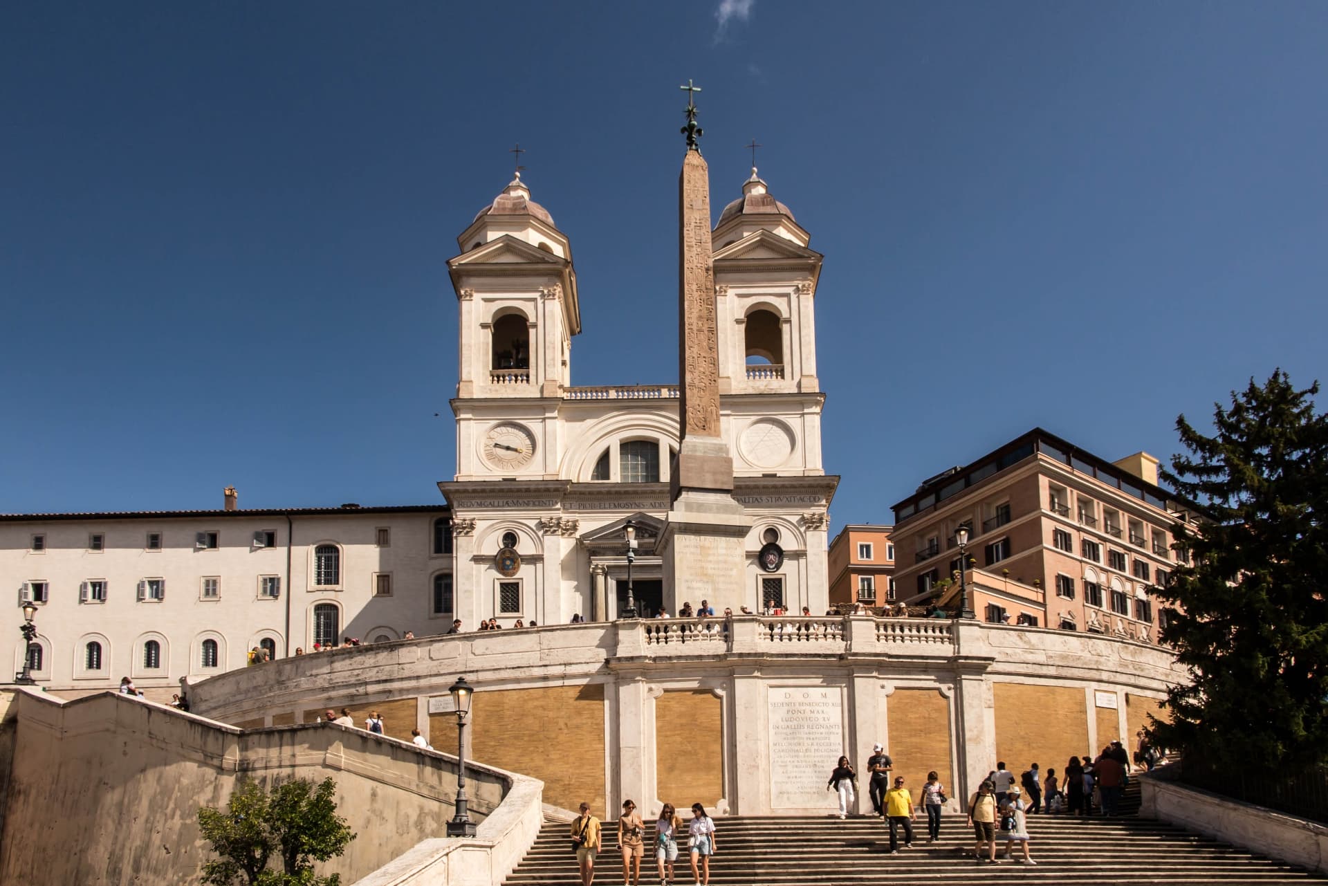 Twin-towered façade of Trinità dei Monti at the top of the Spanish Steps