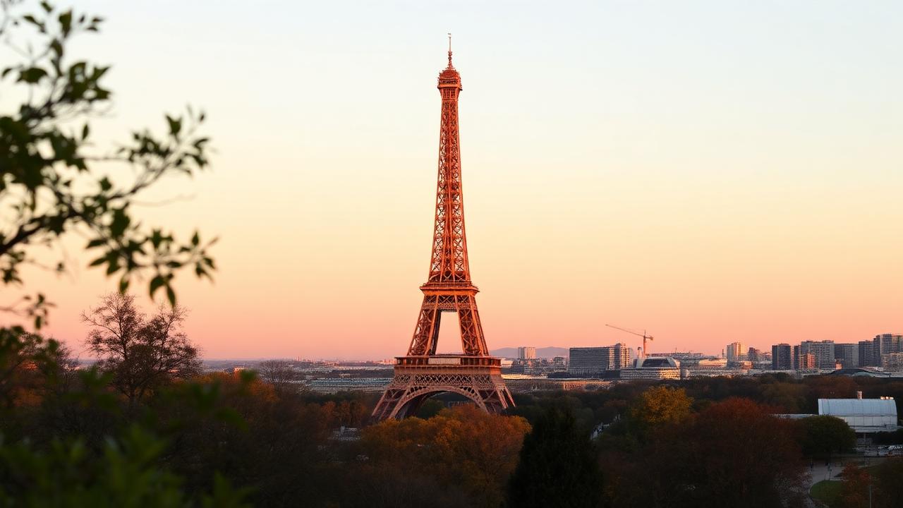 Eiffel Tower at sunset seen from a Paris bridge, city lights beginning to glow