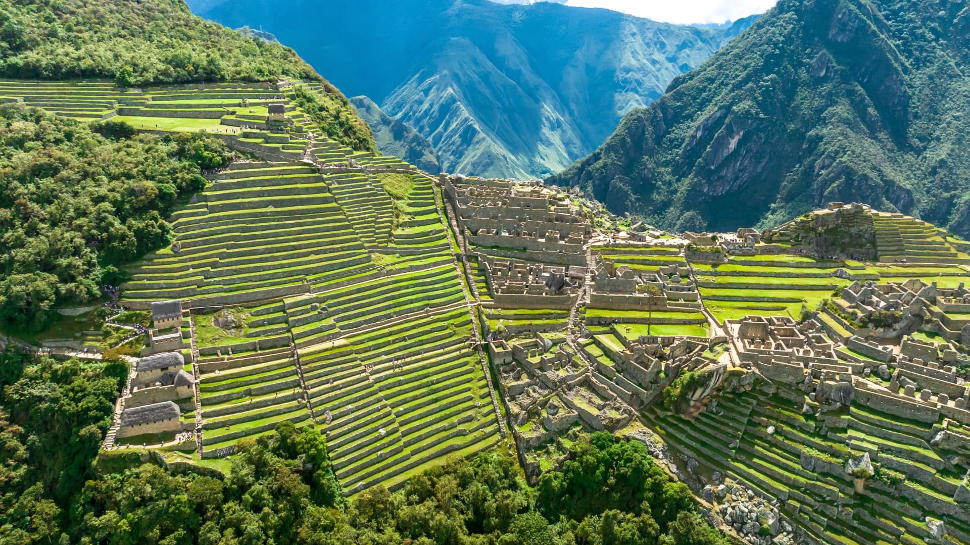 Aerial view of Machu Picchu's agricultural terraces stepping down the mountainside