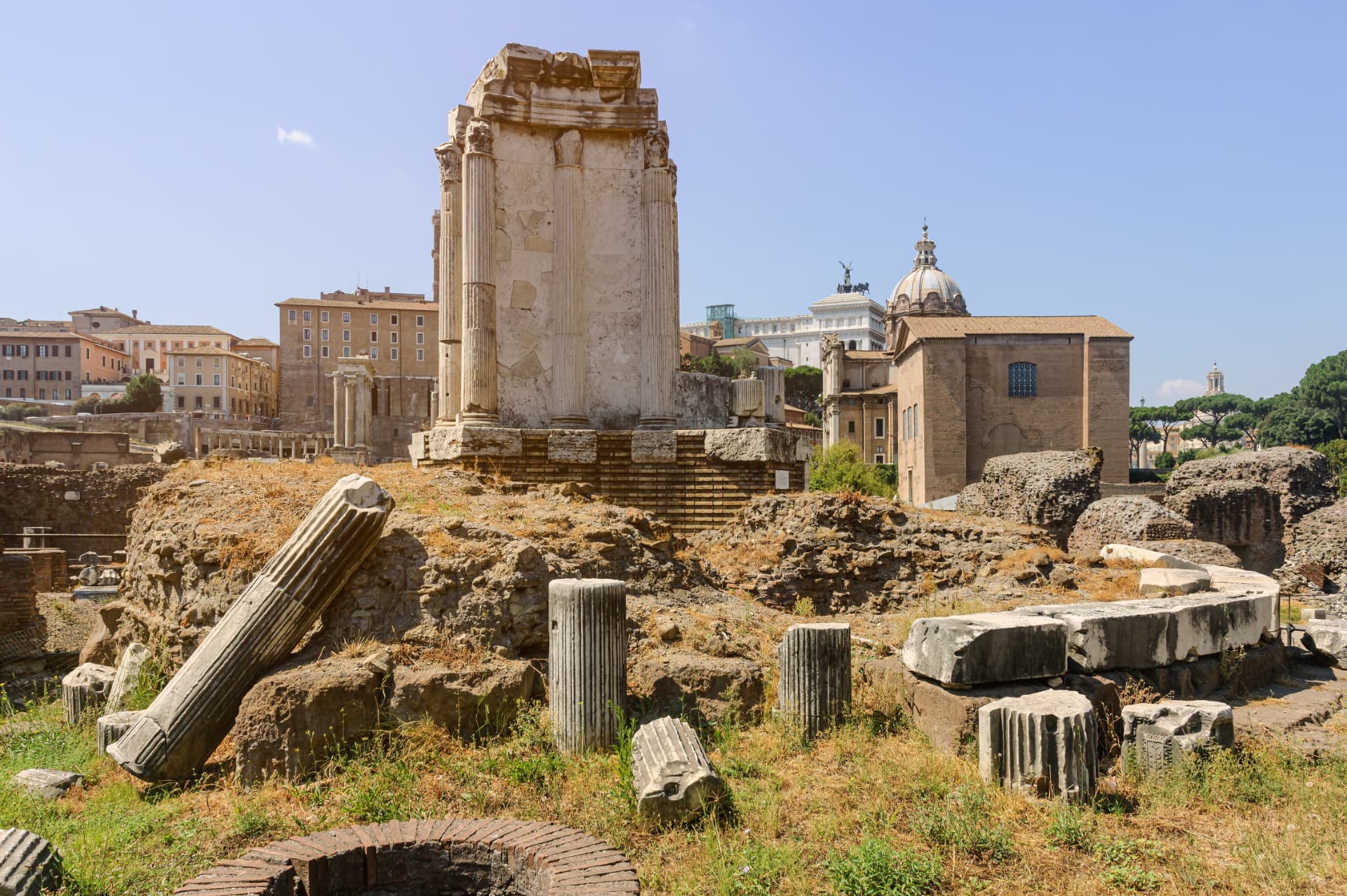 Rebuilt curved section of the round Temple of Vesta with fluted columns in the Roman Forum