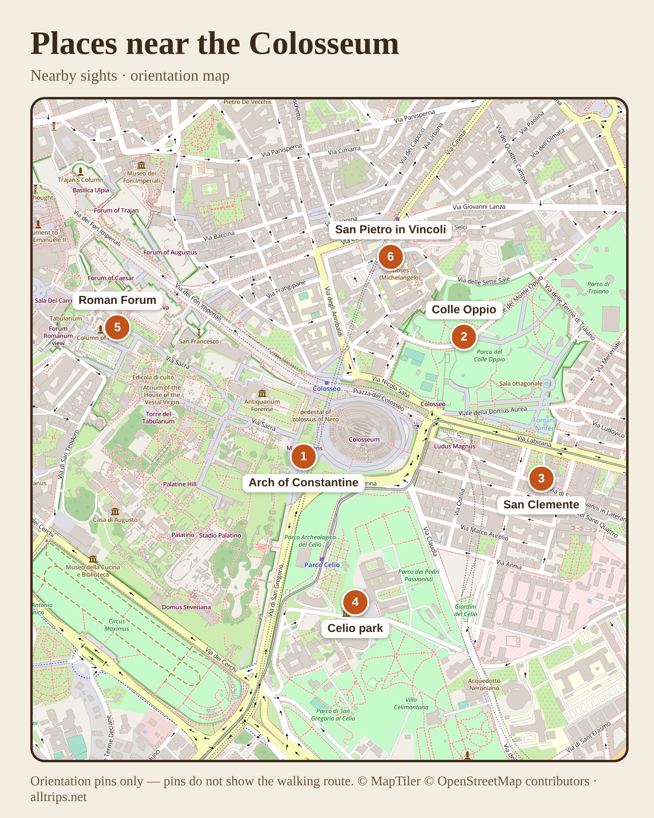 Orientation map of six sights near the Colosseum, without route lines