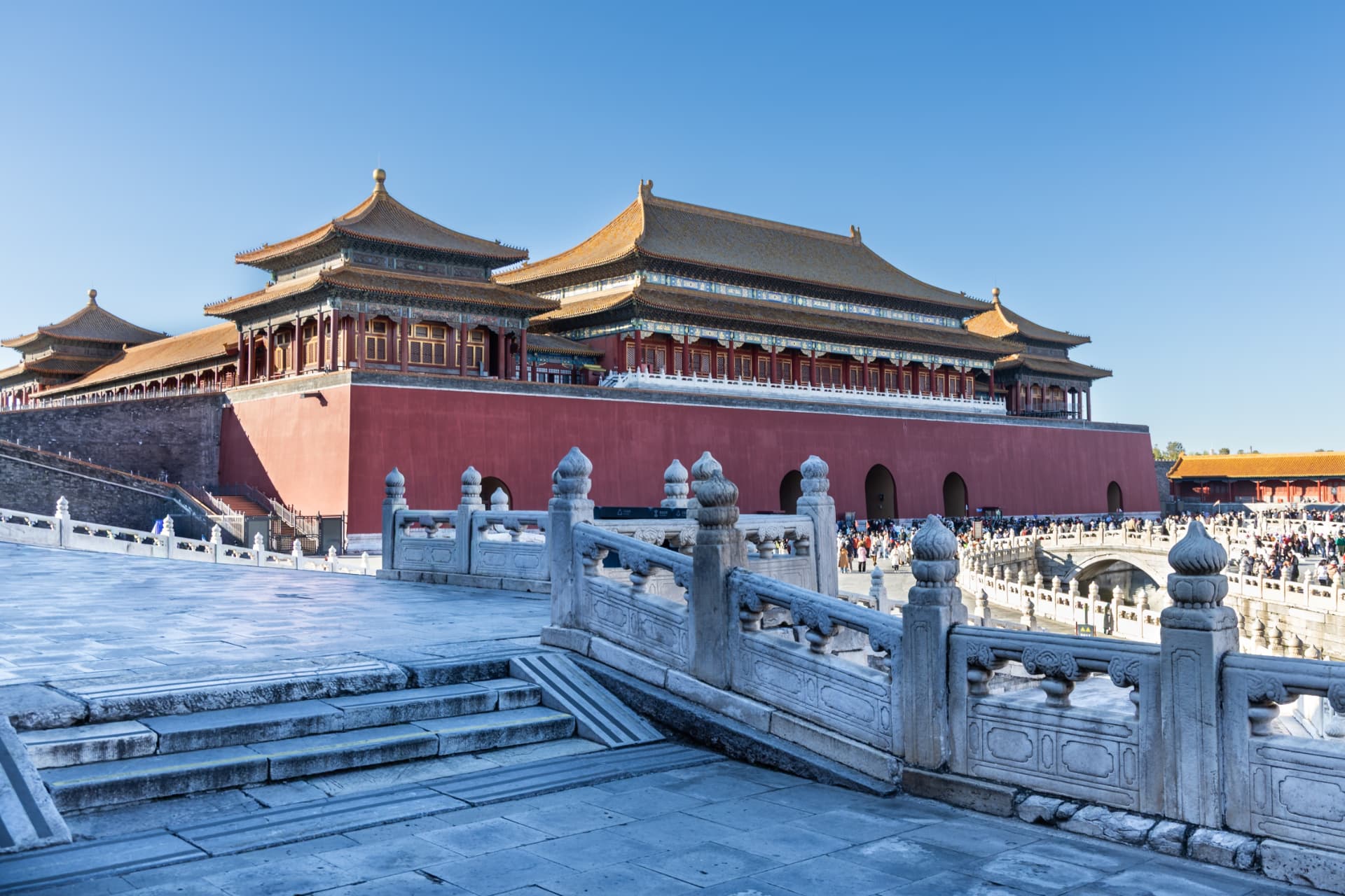Meridian Gate buildings above the Forbidden City's red southern walls and marble bridges