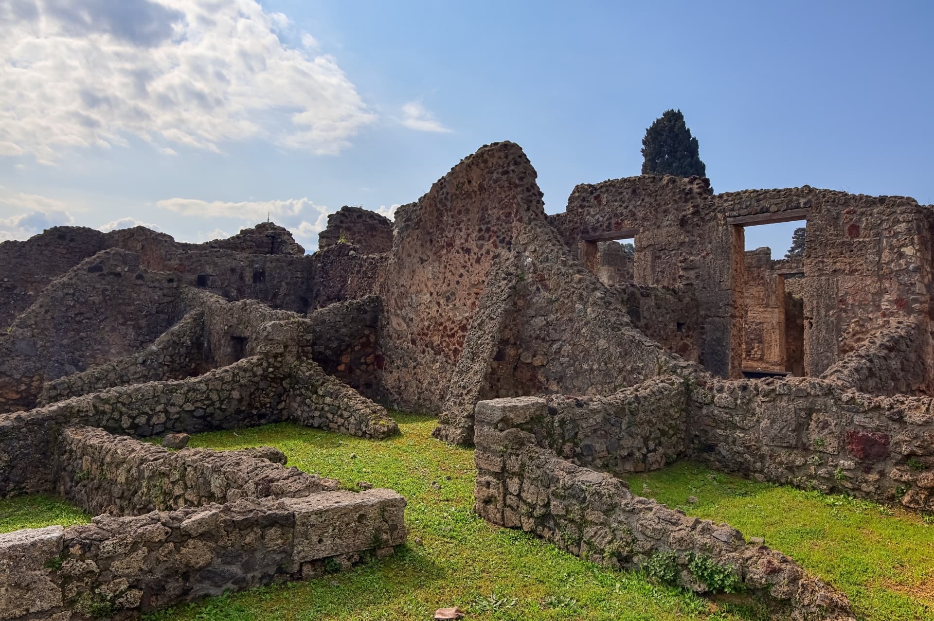 Excavated stone walls, doorways and grassy rooms of houses in the Pompeii archaeological park