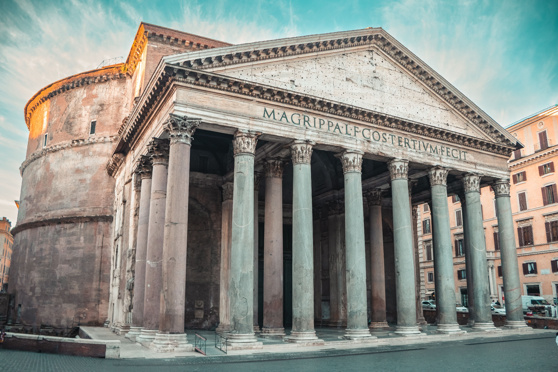 Pantheon Rome angled exterior view highlighting the portico, granite columns and rotunda drum