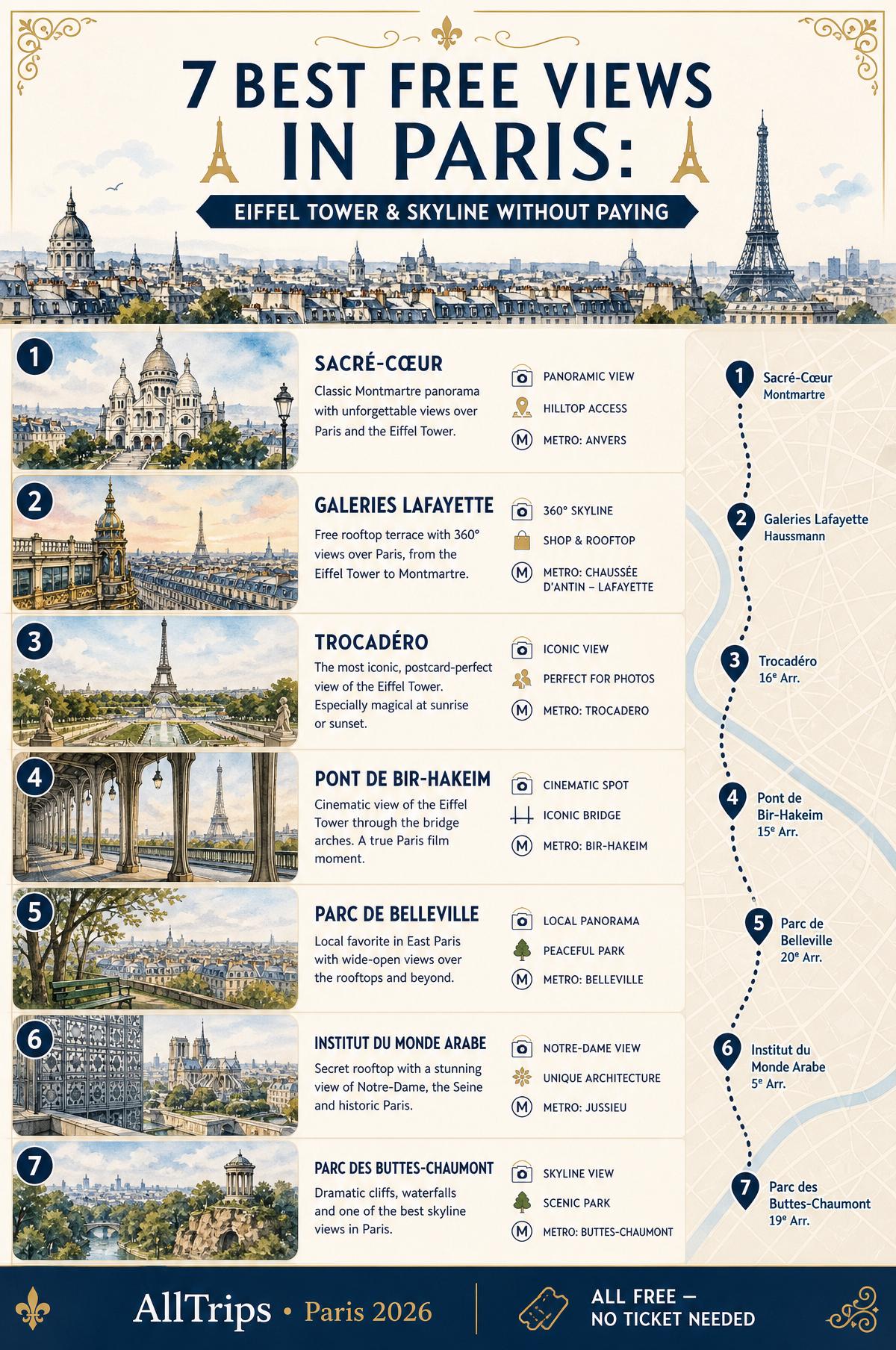 Infographic of the 7 best free views in Paris including Sacré-Cœur, Galeries Lafayette, Trocadéro, Pont de Bir-Hakeim, Parc de Belleville, Institut du Monde Arabe and Parc des Buttes-Chaumont