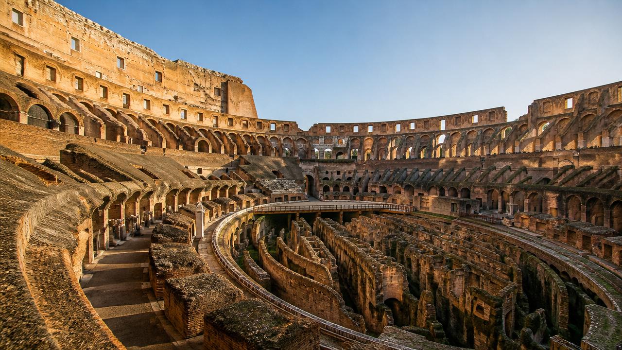 Inside the Colosseum in Rome, ancient Roman amphitheater arches and arena