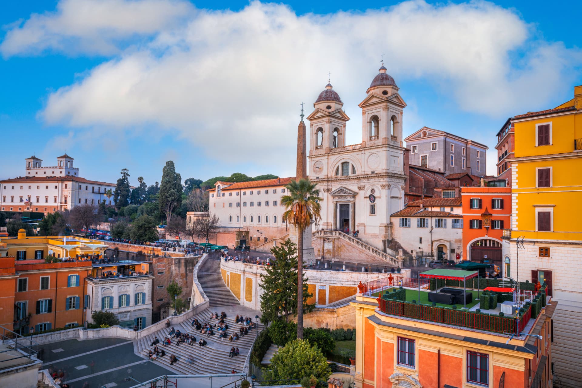 Trinità dei Monti and the Spanish Steps seen above the rooftops of the Tridente