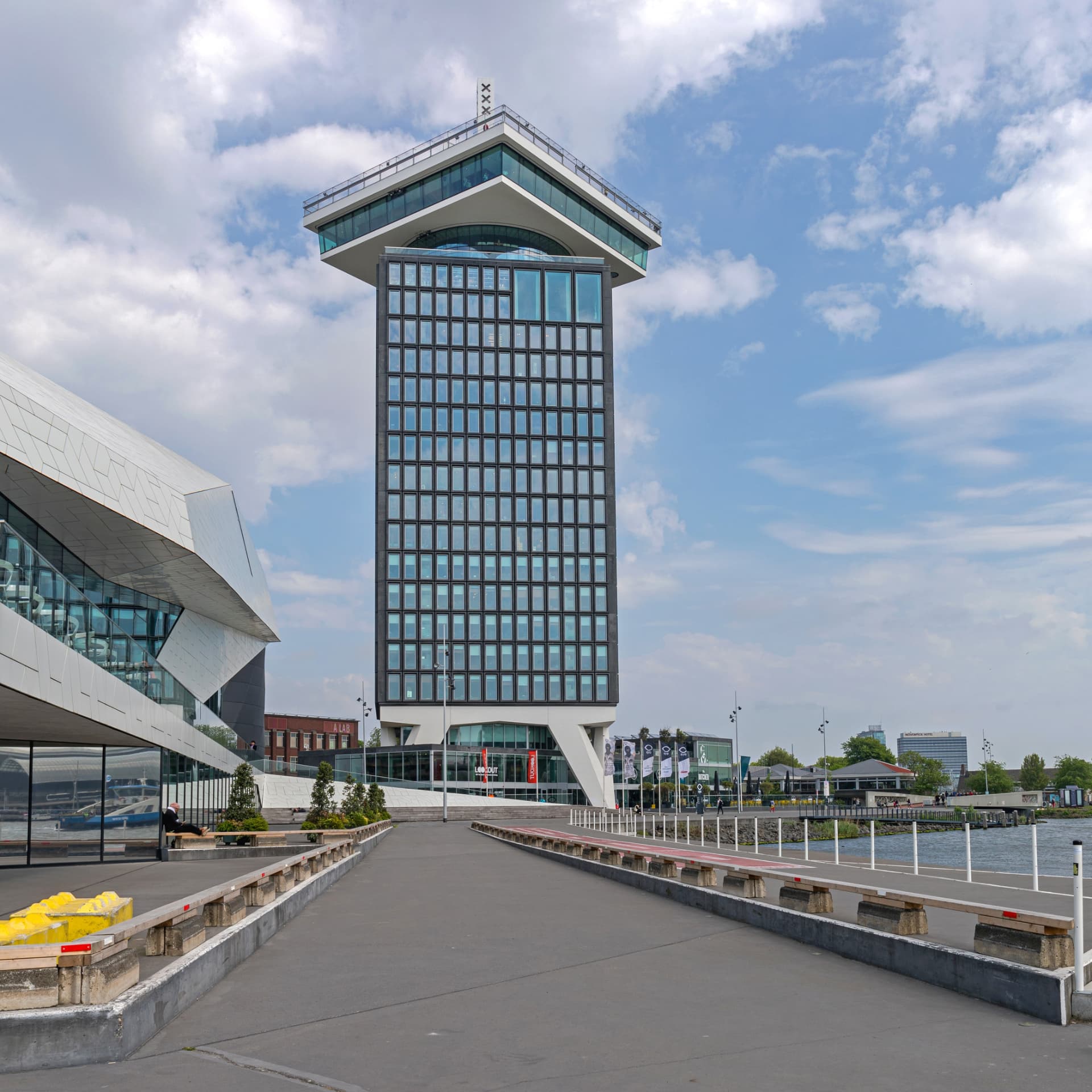 The A'DAM Tower in Amsterdam-Noord with its crown-shaped observation deck and the Eye Filmmuseum beside it