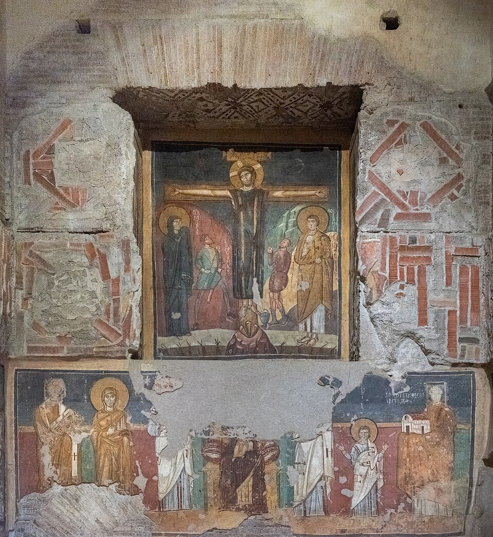 Crucifixion fresco and donor portraits in the Chapel of Theodotus at Santa Maria Antiqua