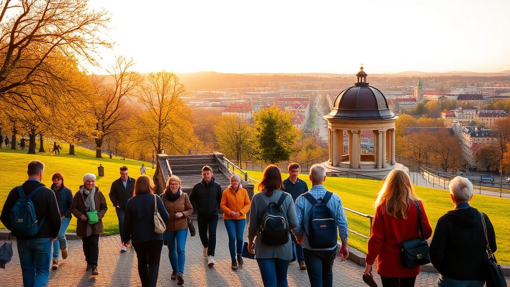 A small guided tour group walking through Letná Park in Prague with the Hanavský Pavilion and city views in the background