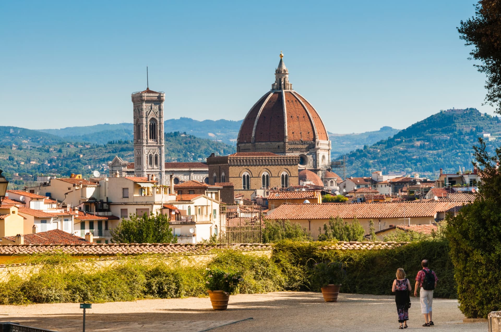 Florence Cathedral’s dome and Giotto’s bell tower seen from the Boboli Gardens side of the city