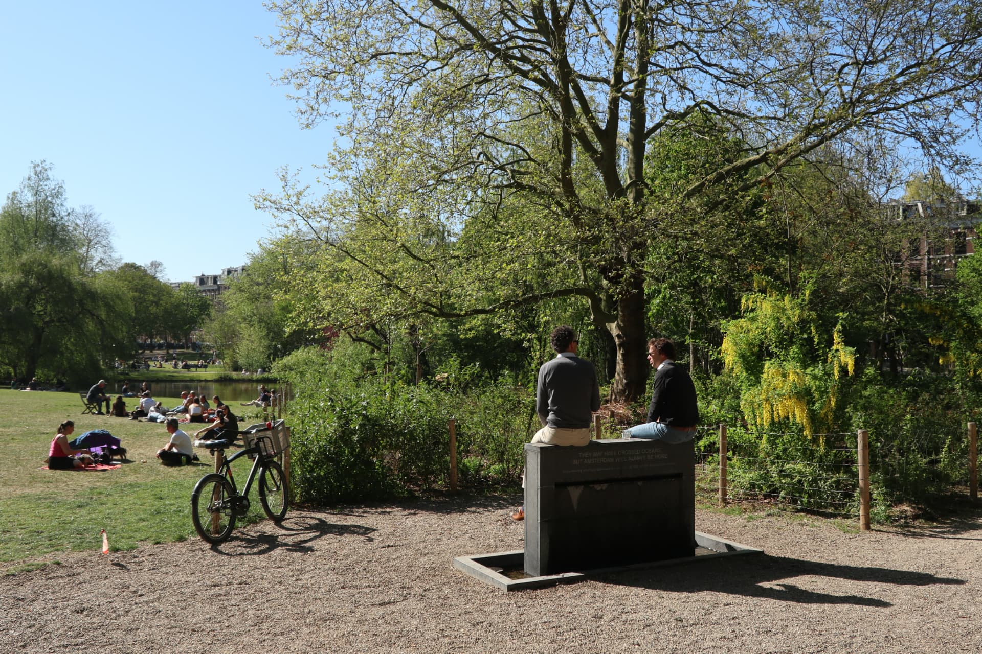 Locals relaxing on the lawn in Sarphatipark, Amsterdam, with bicycles parked beside the path