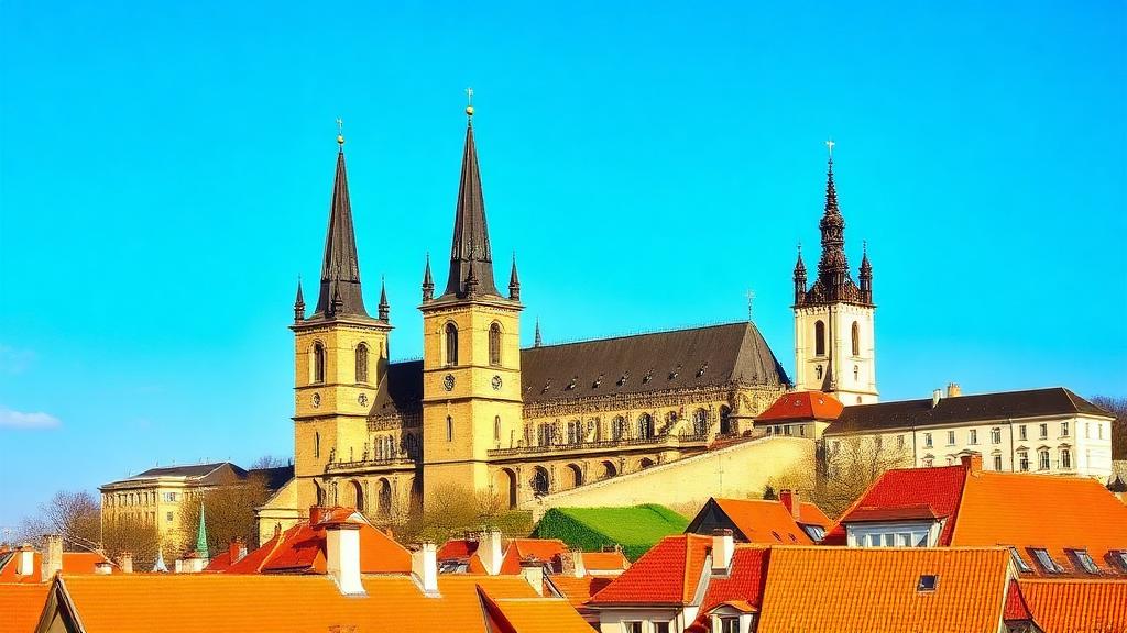 Prague Castle and St Vitus Cathedral towers rising above the red rooftops of Prague
