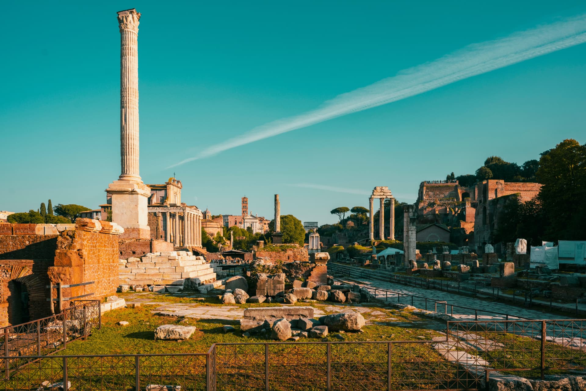Ruined columns and paths in the Roman Forum