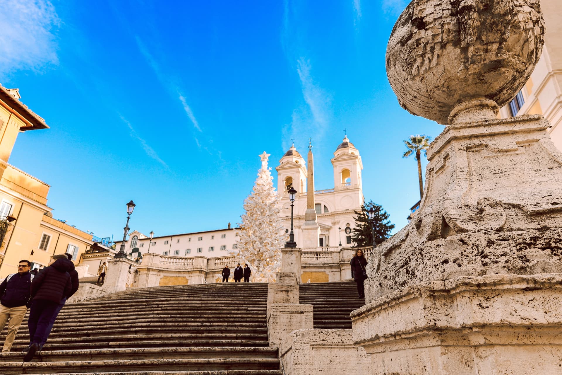 Carved travertine balustrade beside the Spanish Steps and Trinità dei Monti
