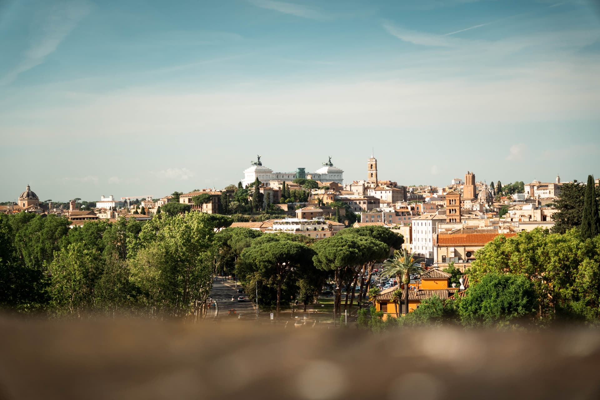 Rome’s central skyline seen from the Aventine, with the Vittoriano monument above the rooftops