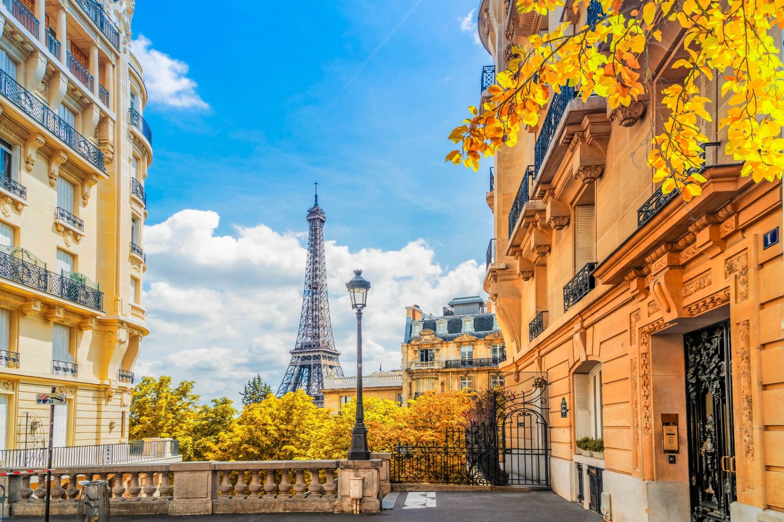 Eiffel Tower framed by classic Haussmannian Paris buildings and golden autumn leaves