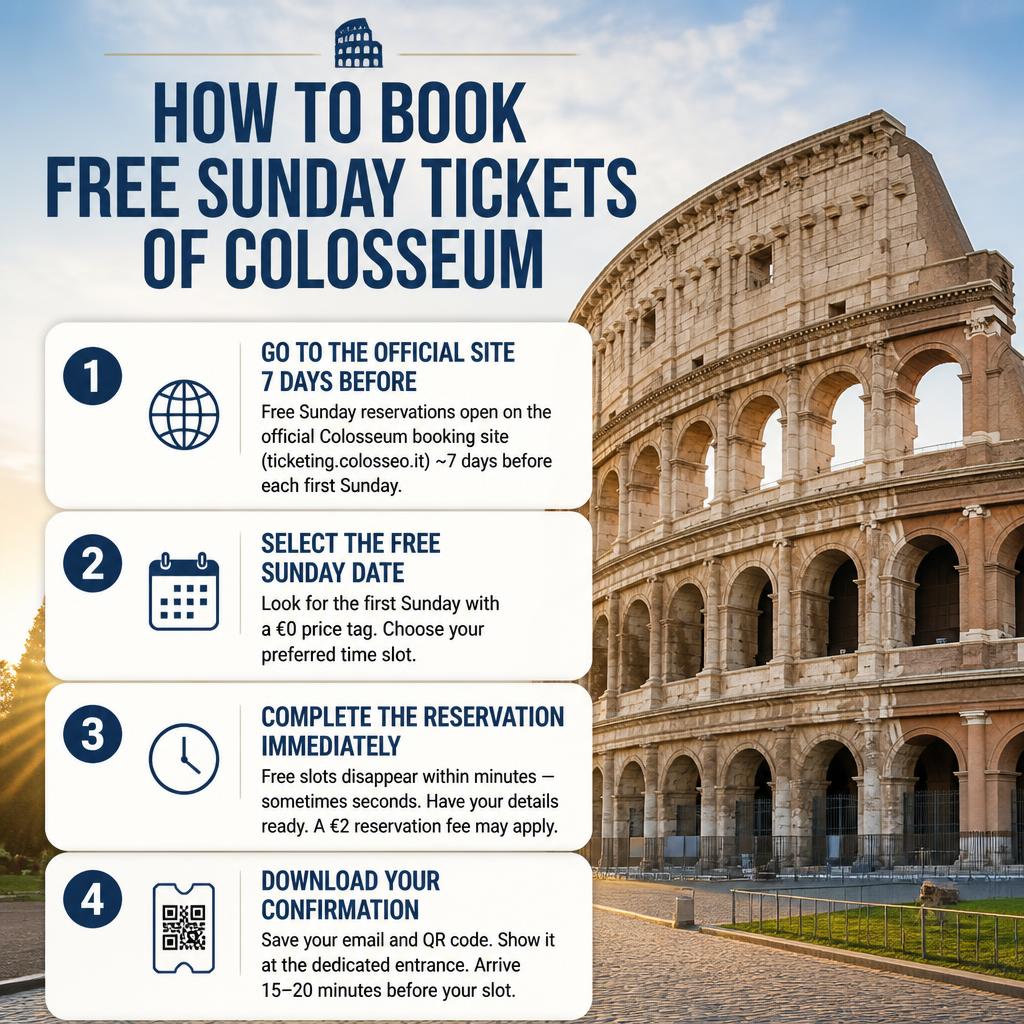 How to get a free first-Sunday Colosseum ticket: arrive well before opening, queue at the on-site ticket office, collect your same-day free admission, and go straight through security.