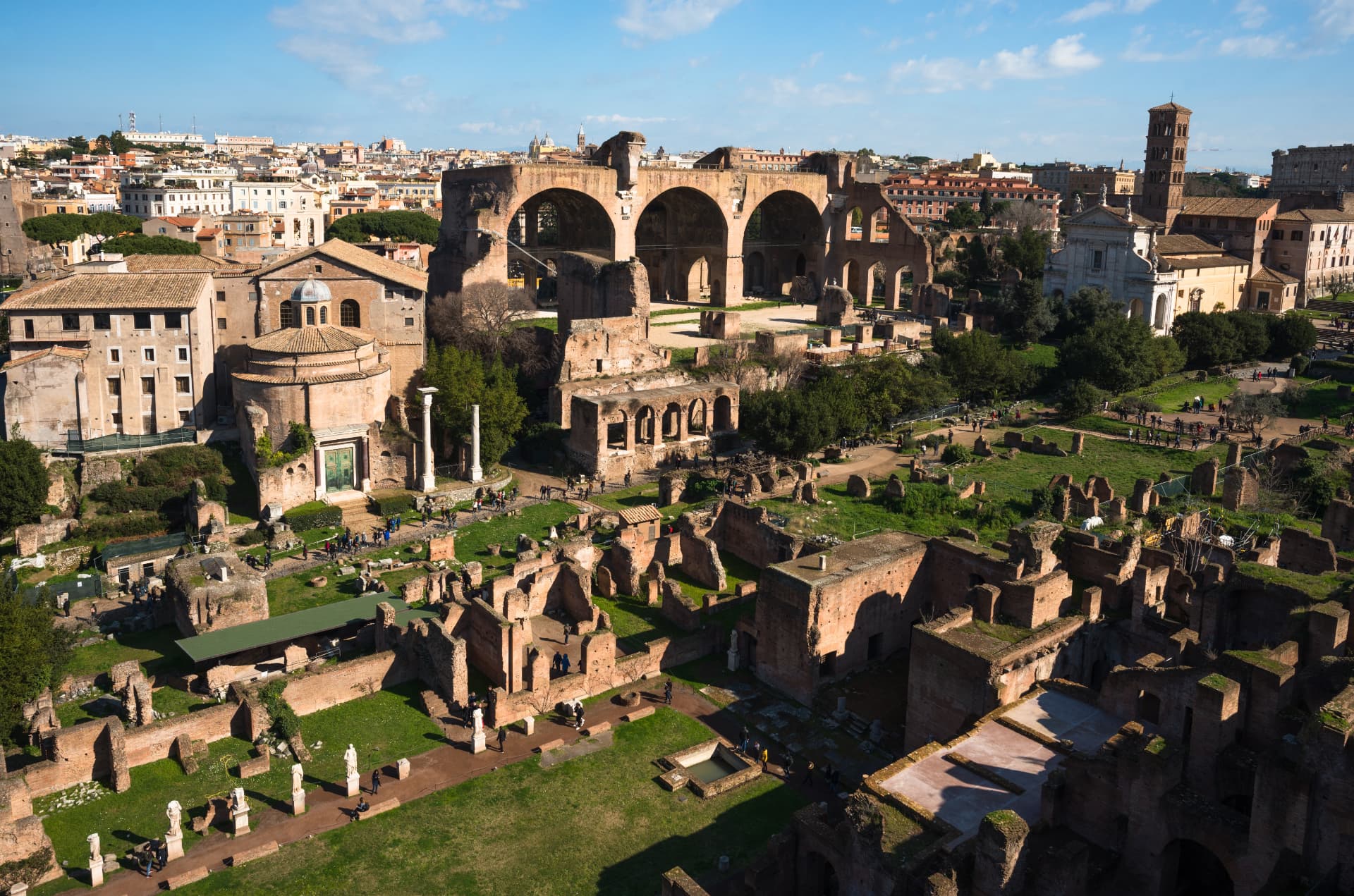 Roman Forum seen from above with the Basilica of Maxentius and the round Temple of Romulus