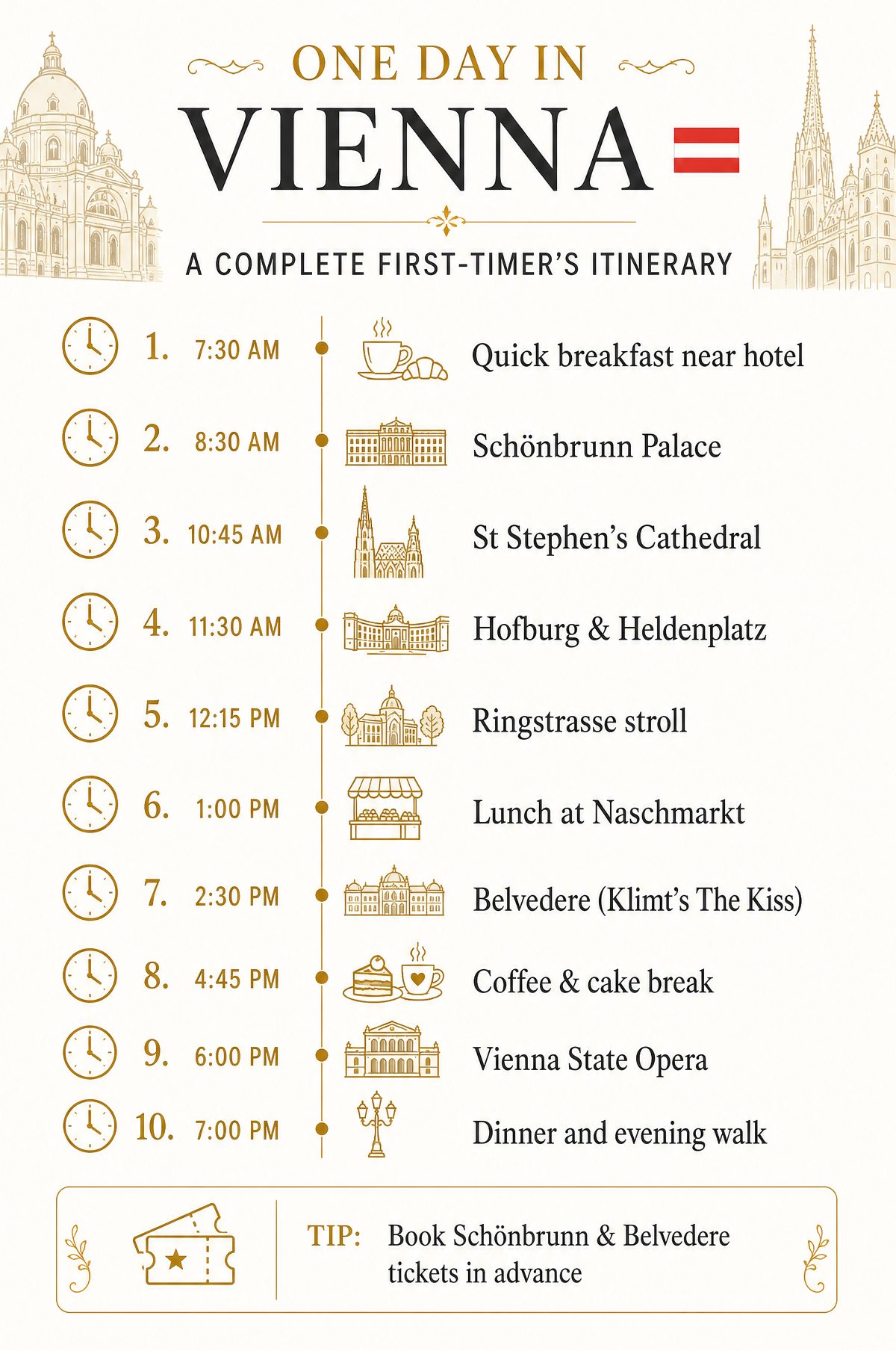 Infographic: One Day in Vienna itinerary — 7:30 AM breakfast, 8:30 AM Schönbrunn Palace, 10:45 AM St Stephen's Cathedral, 11:30 AM Hofburg & Heldenplatz, 12:15 PM Ringstrasse, 1:00 PM Naschmarkt lunch, 2:30 PM Belvedere, 4:45 PM coffee & cake, 6:00 PM Vienna State Opera, 7:00 PM dinner