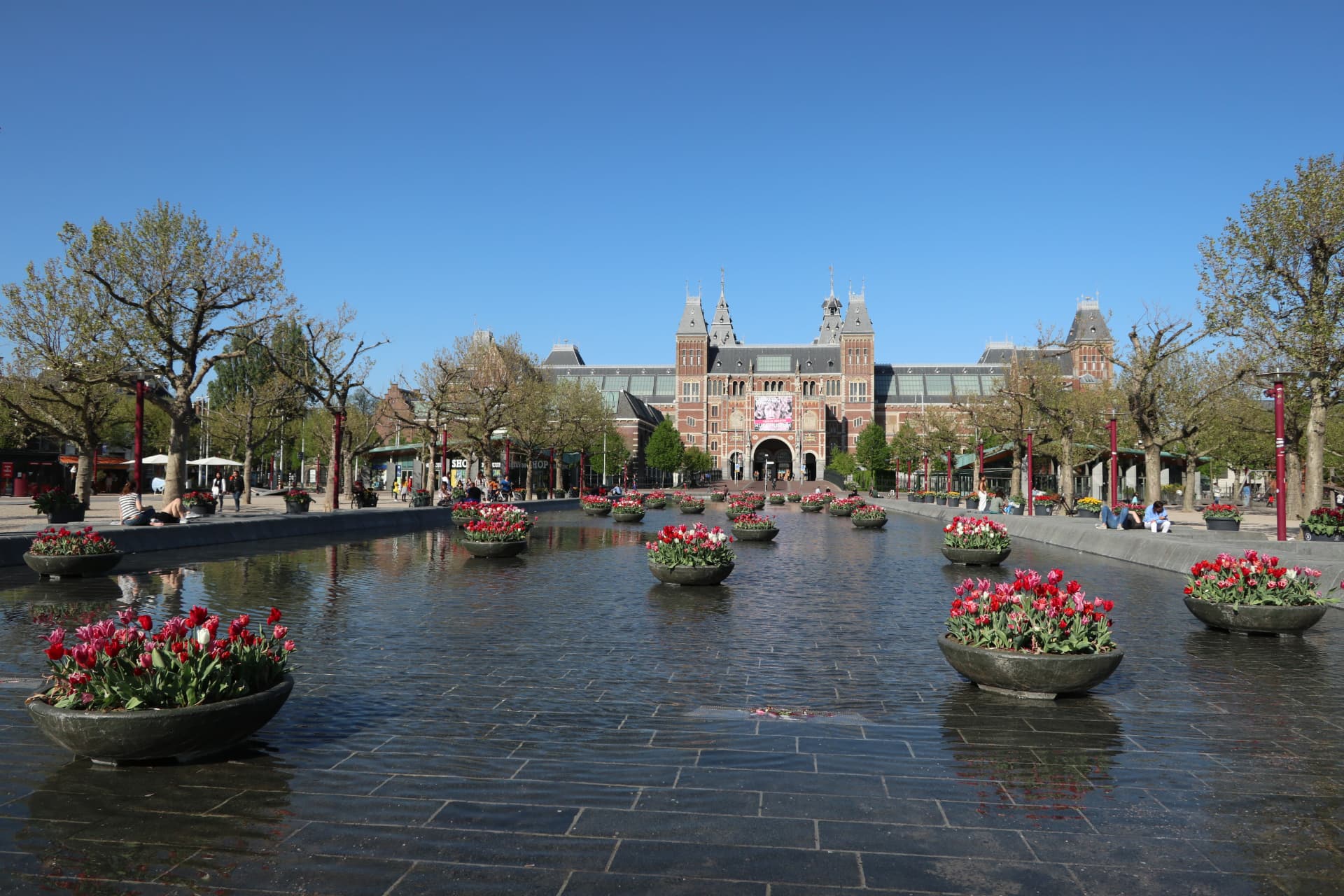 The Rijksmuseum seen across the Museumplein reflecting pond with bowls of red and pink tulips
