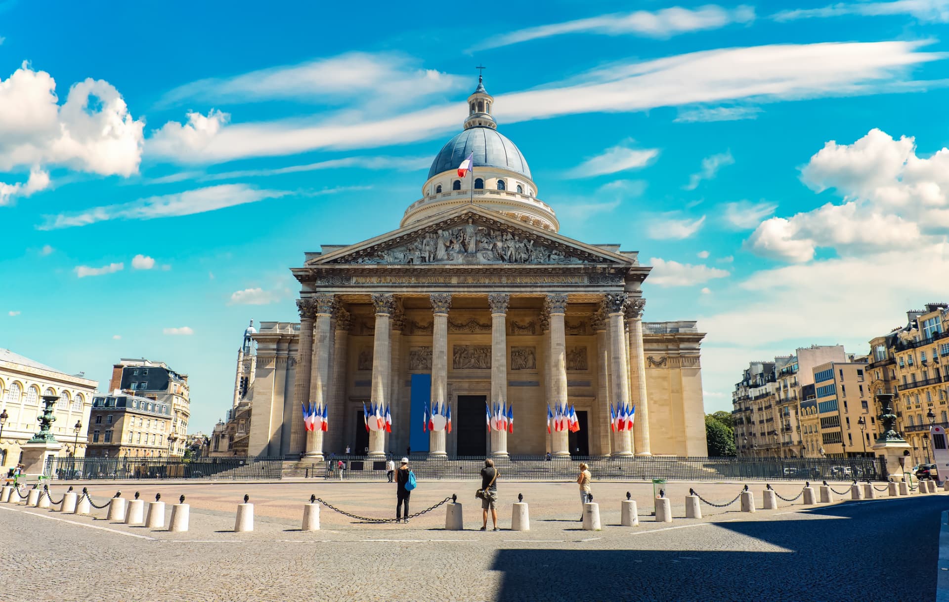The neoclassical façade and dome of the Panthéon in Paris