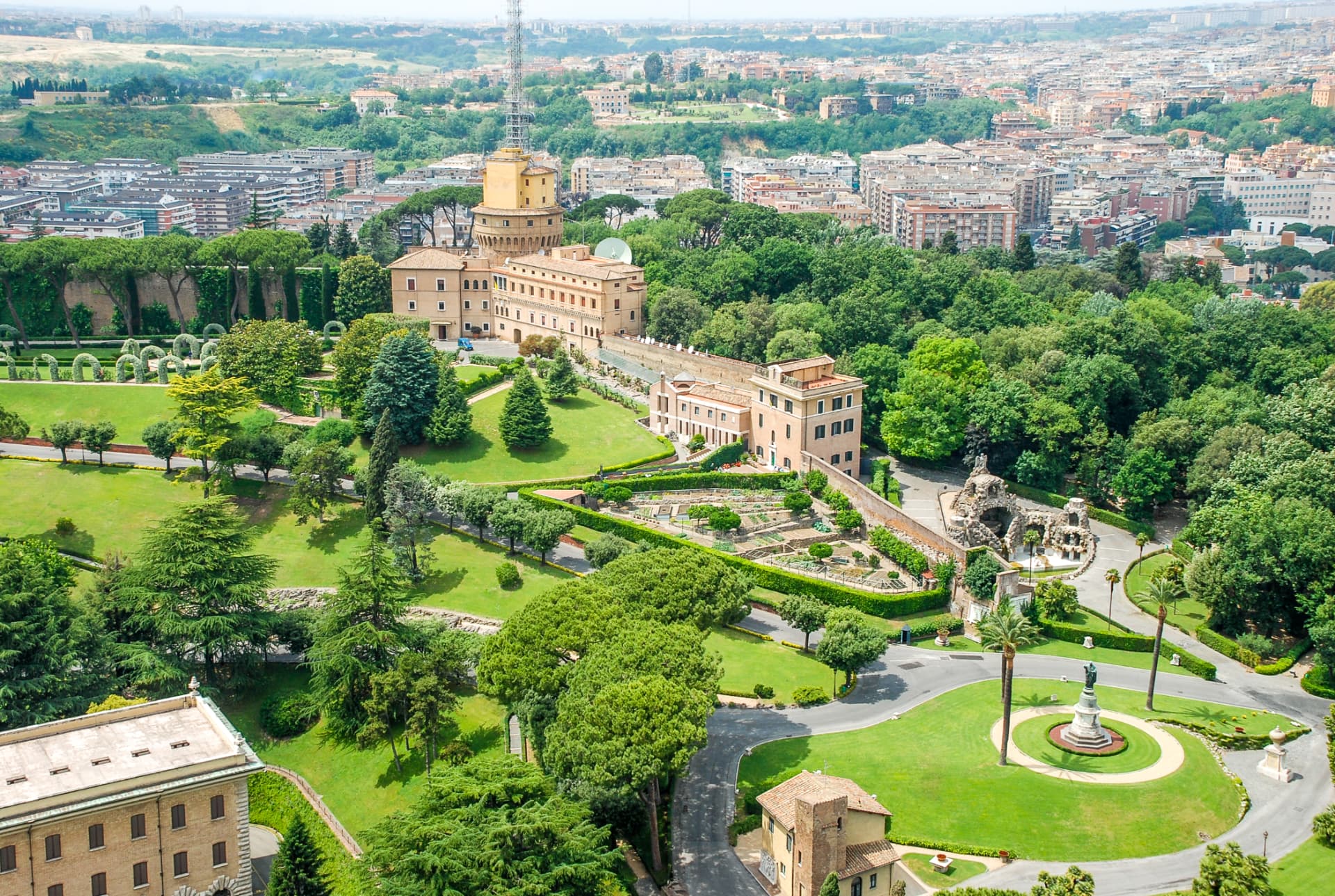 Buildings, trees and paths in the Vatican Gardens from above