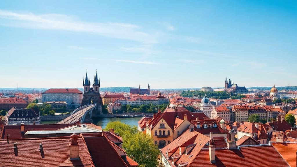 Panoramic view of Prague's red rooftops, Charles Bridge and Prague Castle under a bright blue sky